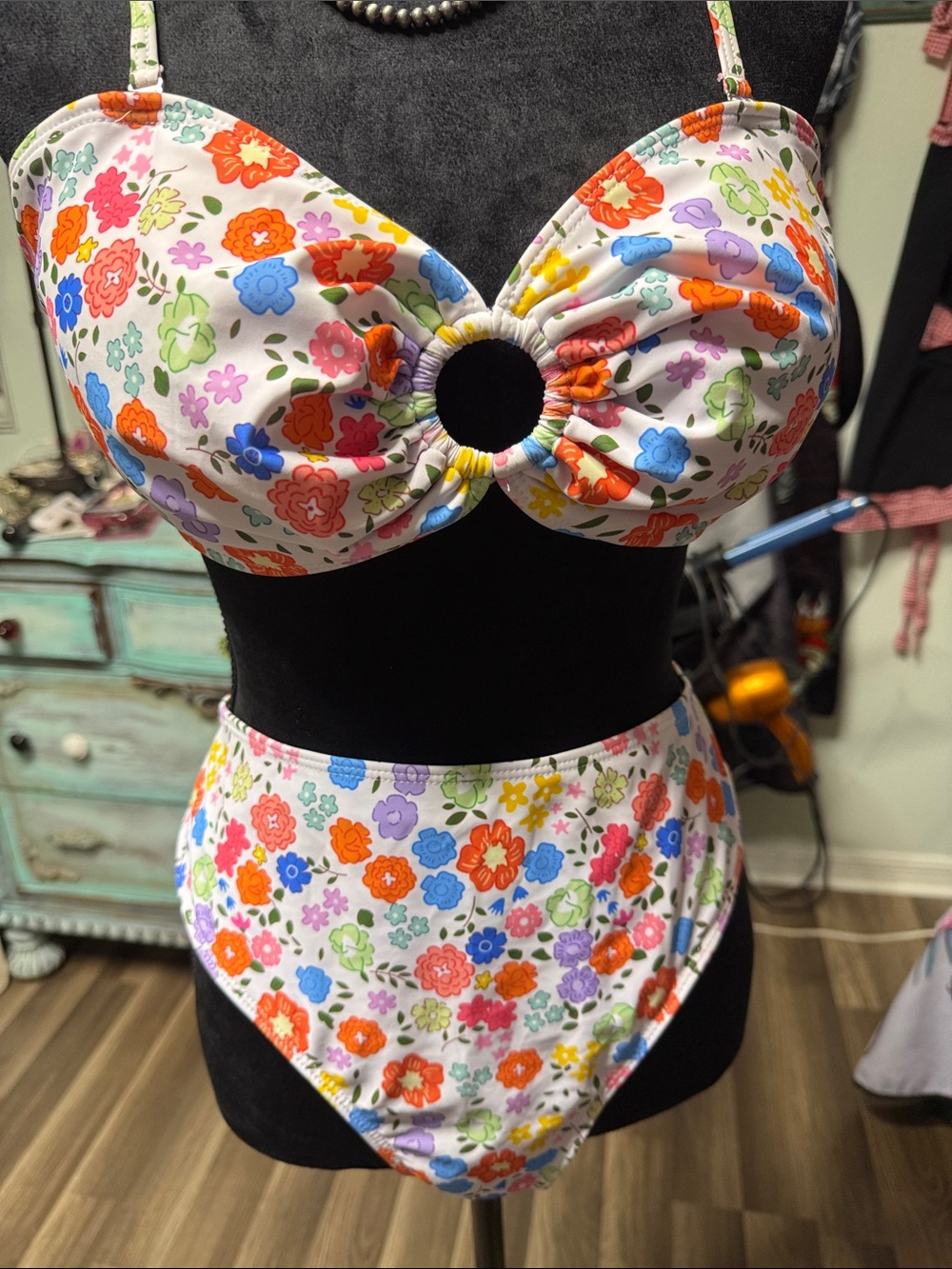Floral High-Waist Bikini Set with Center Ring